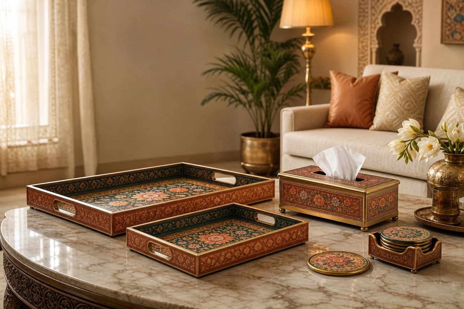 LuxeHome trays, tissue box and coasters styled in a luxury living room