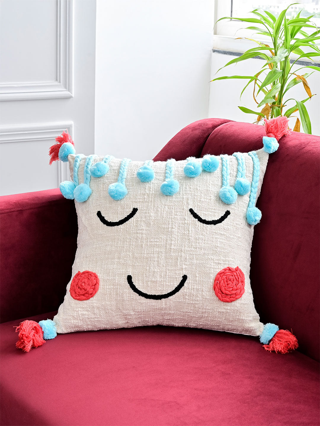 Blushy Smile Face Embroidered Cushion Cover