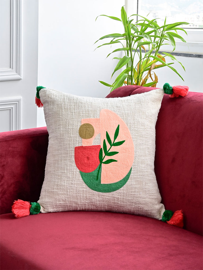 Leaf Embroidered Cushion Cover