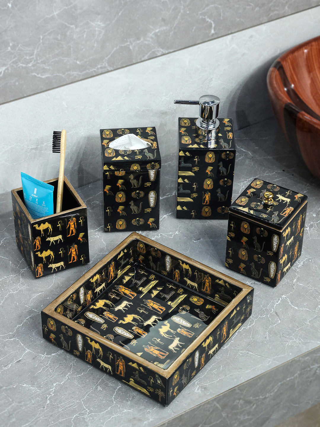Black Ancient Egypt Printed Toiletry Combo Set Of 5