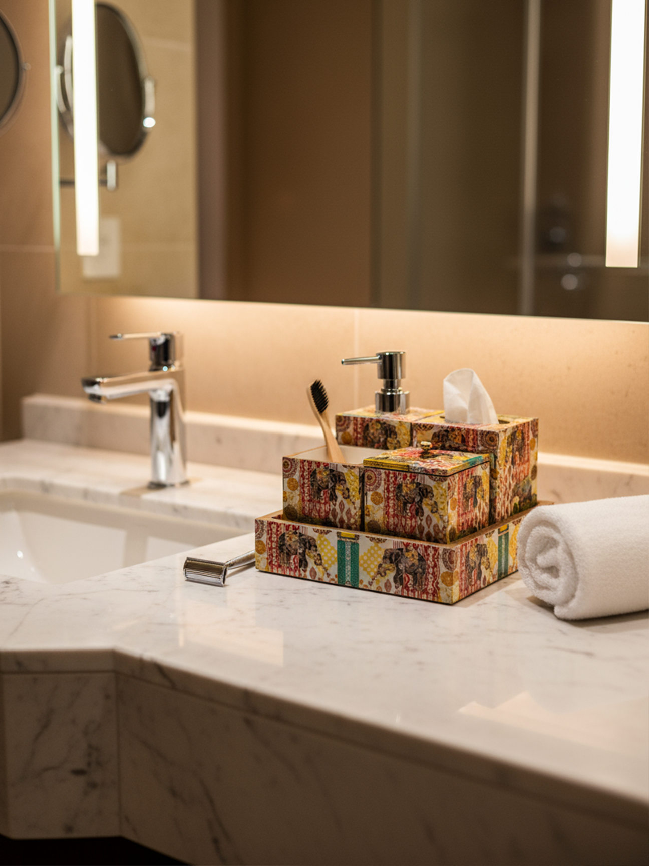 Multi Elephant Flower Printed Bath Set Of 5