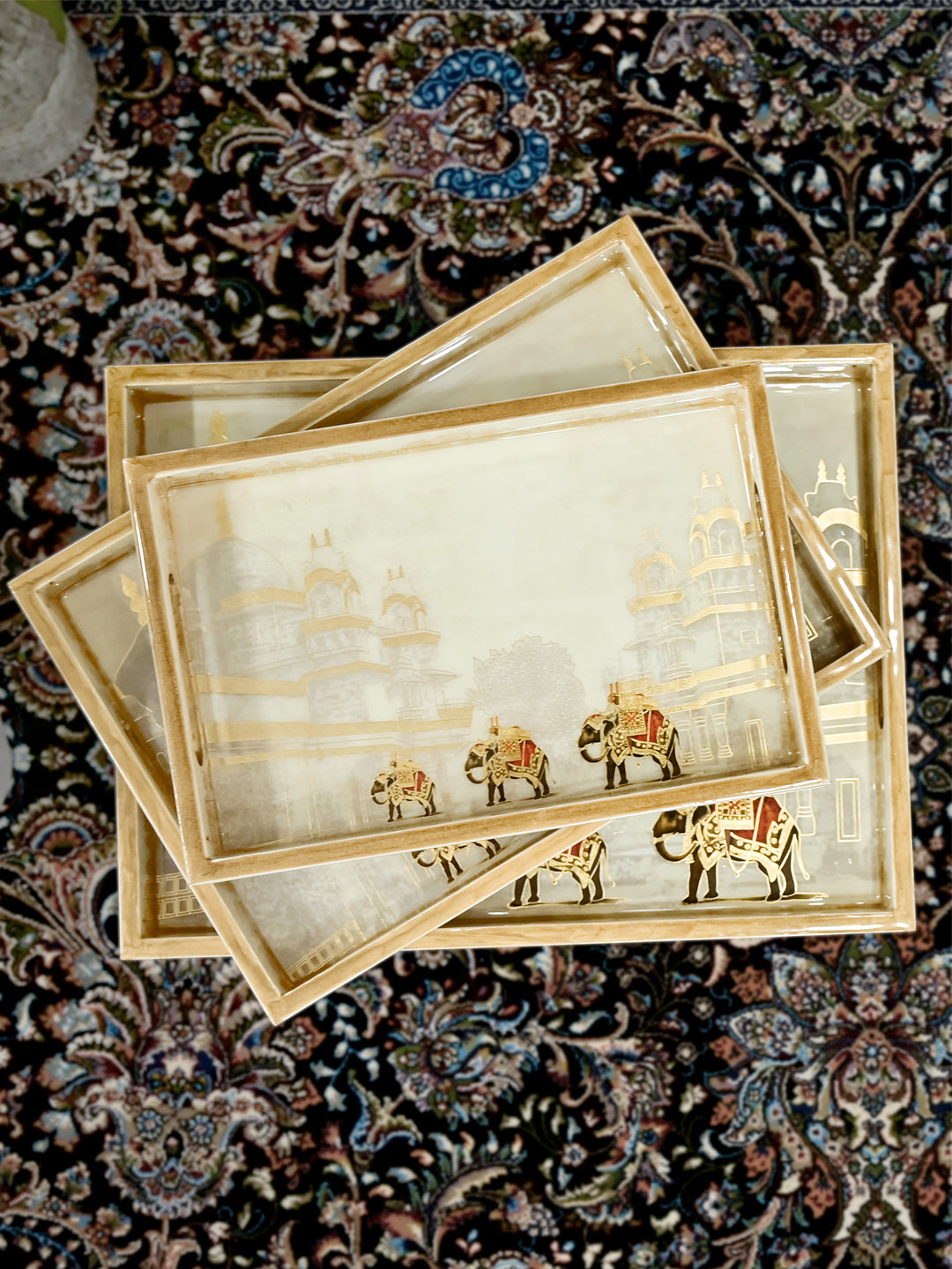Off White Elephant Printed Tray Set Of 3