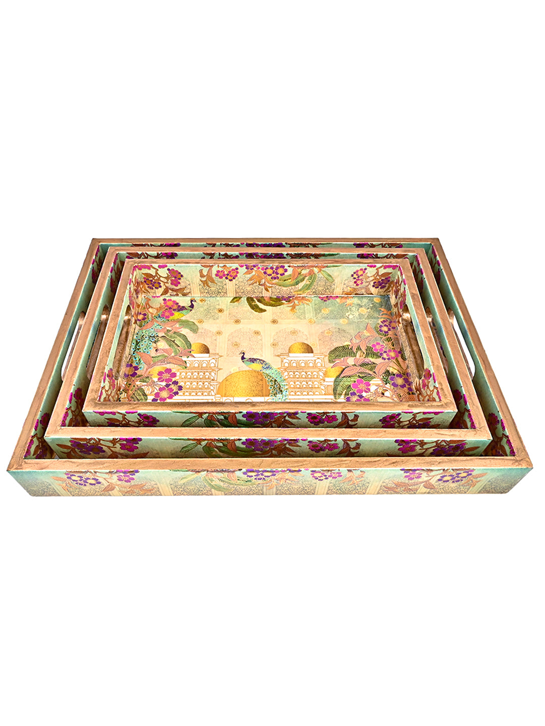 Mahal With Peacock Tray Set Of 3